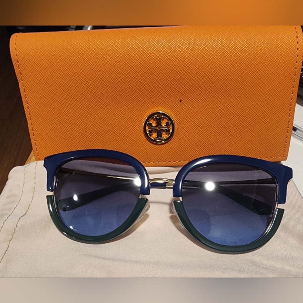 Tory Burch Blue and Green Sunglasses with Orange Case